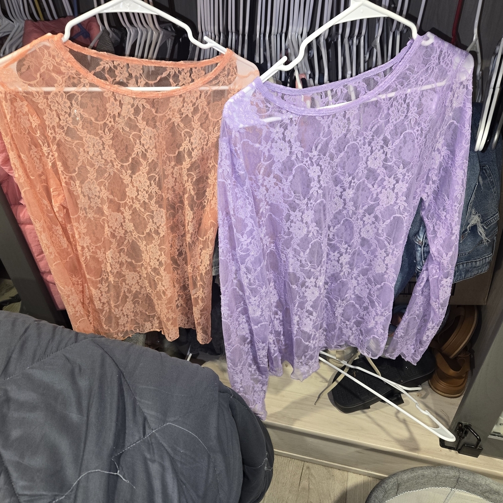 Lace Long Sleeve Tops - Peach and Lavender